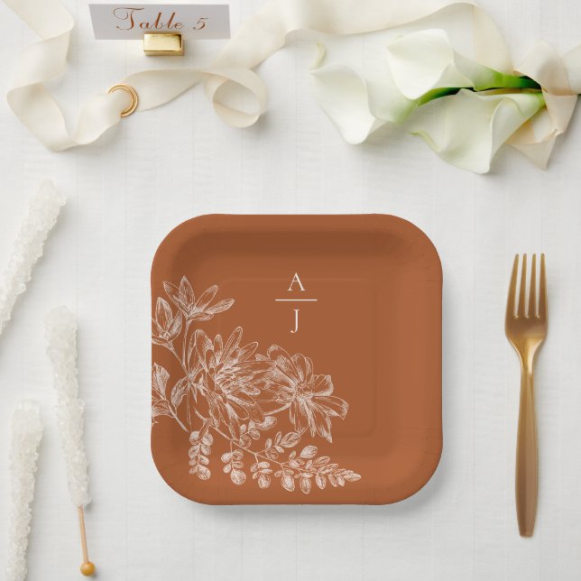 Modern Terra Cotta Monogram Floral Square Paper Plate (Wedding)