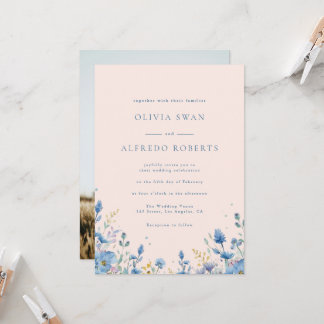 Modern Terracota Blue Floral With Photo Wedding Invitation