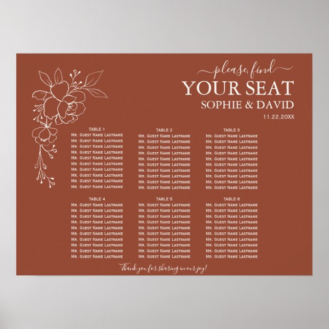 Modern Terracotta 6 Table Wedding Seating Chart (Front)