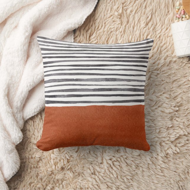 Modern Terracotta and Black Stripes  Cushion (Blanket)
