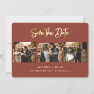 Modern Terracotta and Gold Foil Wedding 3 Photo Save The Date