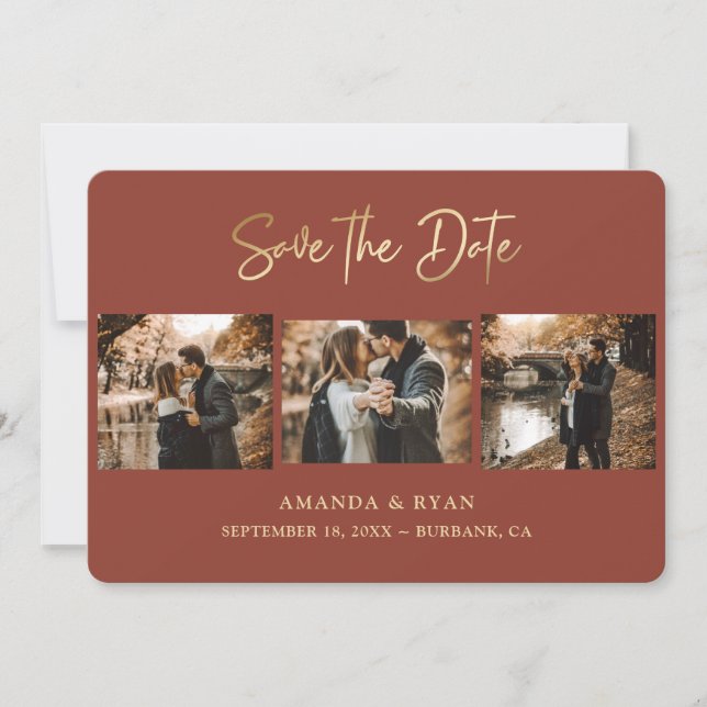 Modern Terracotta and Gold Foil Wedding 3 Photo Save The Date (Front)