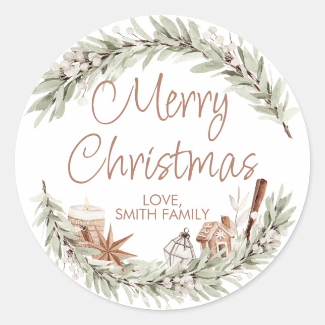 Modern Terracotta and Greenery Christmas Classic Round Sticker (Front)