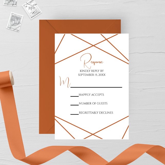 Modern Terracotta and White Geometric Wedding RSVP Card (Creator Uploaded)