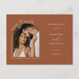 Modern Terracotta Arch Photo QR Code Save the Date Postcard