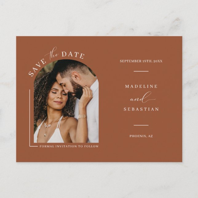 Modern Terracotta Arch Photo QR Code Save the Date Postcard (Front)