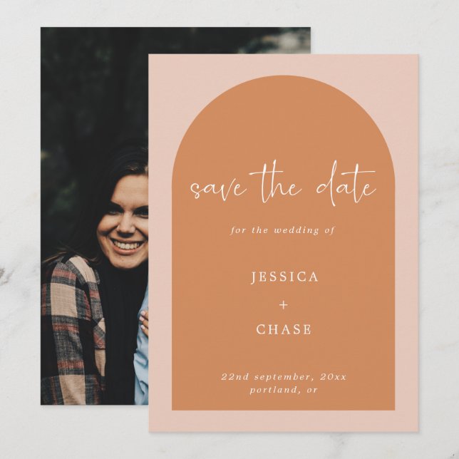Modern Terracotta Arch Photo Wedding Save The Date (Front/Back)