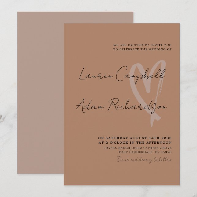 Modern Terracotta & Black Heart Wedding Invitation (Front/Back)