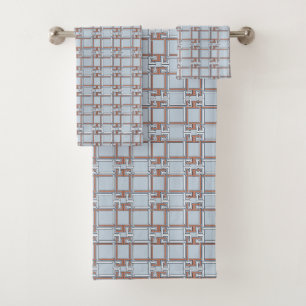 Modern Terracotta Blue Greek Key Geometric Bath Towel Set