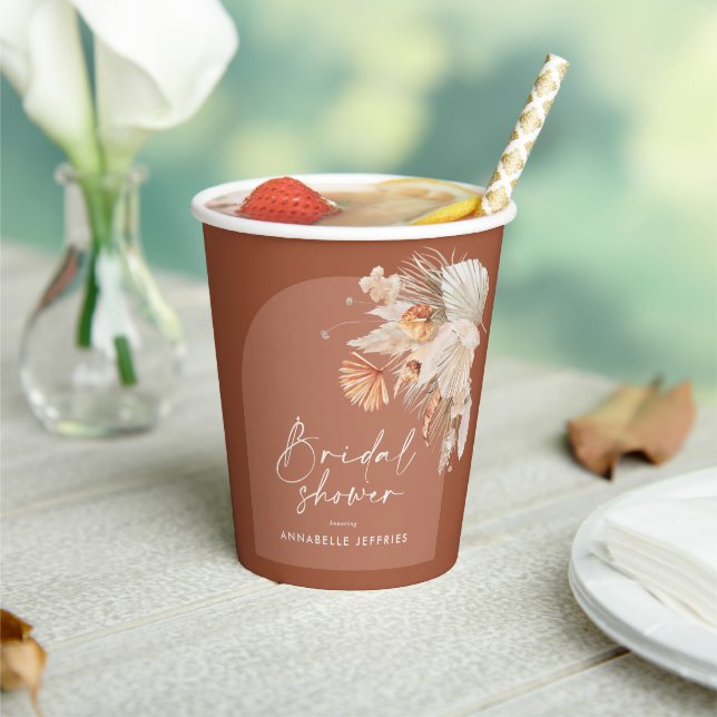 Modern terracotta bohemian pampas bridal shower paper cups (Insitu)