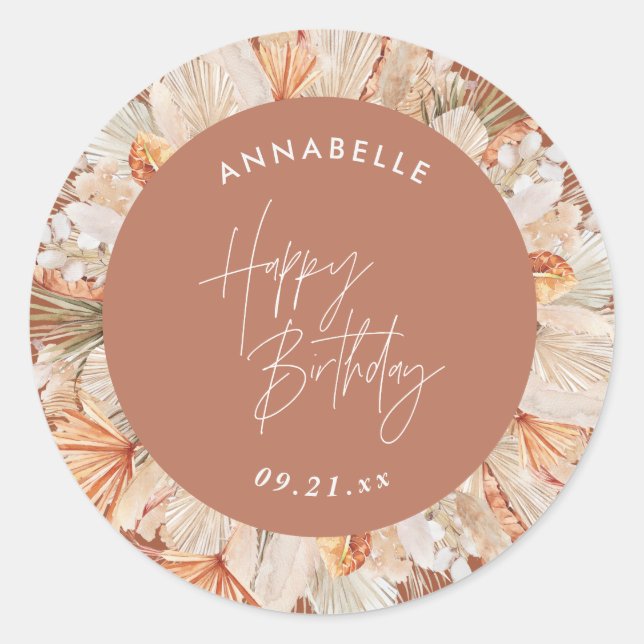modern terracotta bohemian pampas grass birthday classic round sticker (Front)
