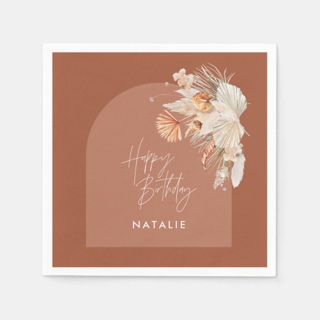 modern terracotta bohemian pampas grass birthday  napkin (Front)