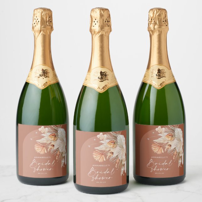 modern terracotta bohemian pampas grass botanical  sparkling wine label (Bottles)