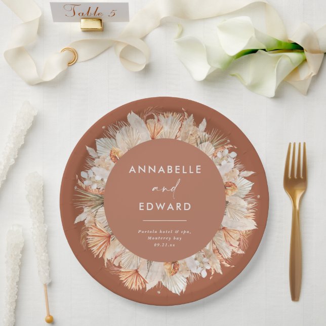 modern terracotta bohemian pampas grass Mr & Mrs P Paper Plate (Wedding)
