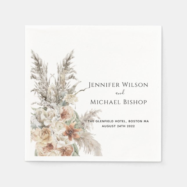 modern terracotta bohemian pampas grass wedding na napkin (Front)