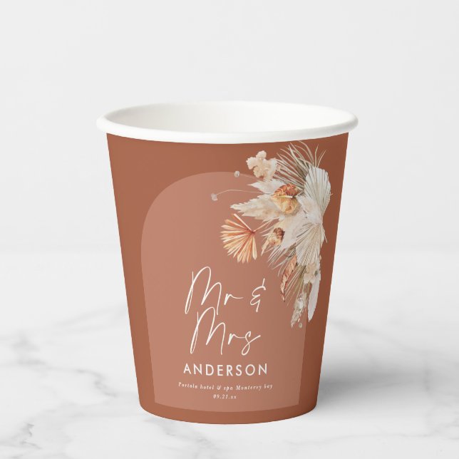 modern terracotta bohemian pampas grass wedding paper cups (Front)