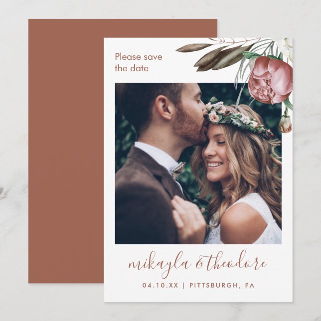 Modern Terracotta Boho Floral Photo Wedding Save The Date (Front/Back)