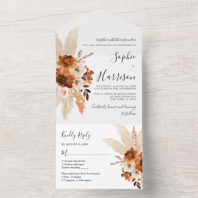 Modern Terracotta Boho Pampas Grass Wedding All In One Invitation (Inside)