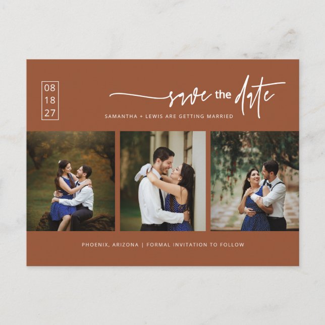 Modern Terracotta Boho Photo QR Code Save the Date Postcard (Front)