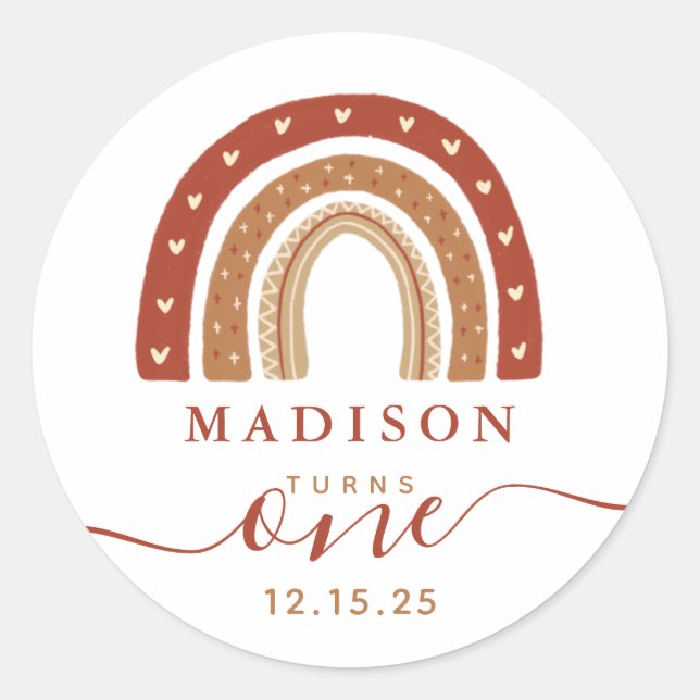Modern Terracotta Boho Rainbow Birthday Classic Round Sticker (Front)