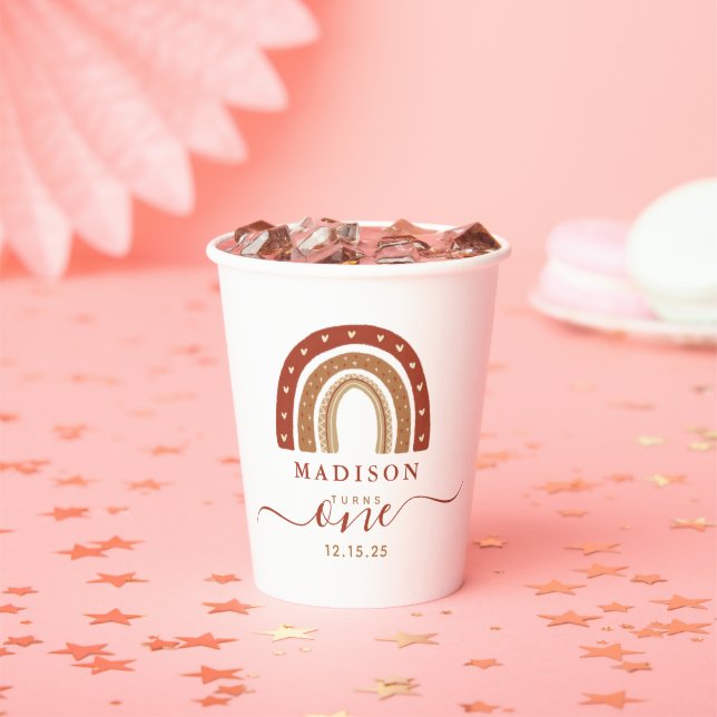Modern Terracotta Boho Rainbow Birthday Paper Cups (Insitu)