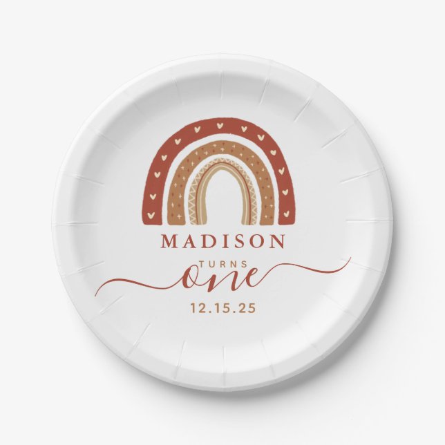 Modern Terracotta Boho Rainbow Birthday Paper Plate (Front)