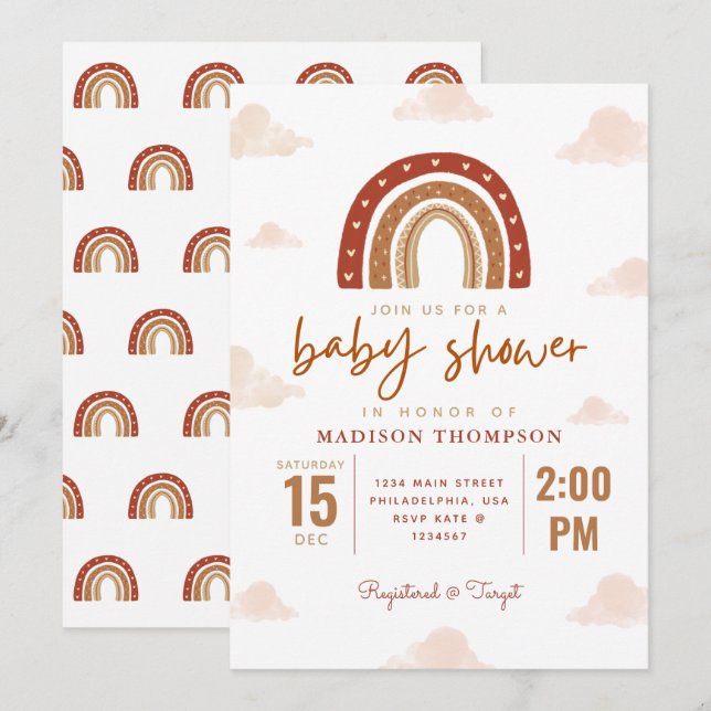 Modern Terracotta Boho Rainbow Clouds Baby Shower Invitation (Front/Back)