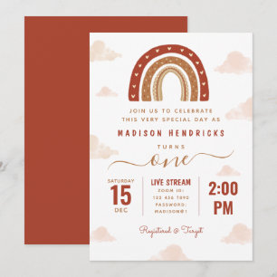 Modern Terracotta Boho Rainbow Clouds Birthday Invitation