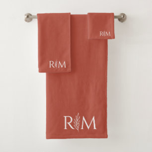 Modern Terracotta Botanical Monogram Initials Bath Towel Set