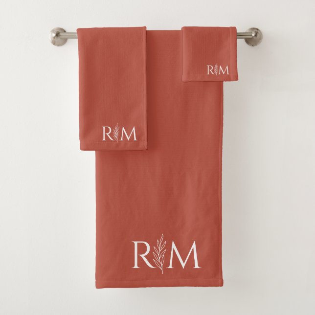 Modern Terracotta Botanical Monogram Initials Bath Towel Set (Insitu)