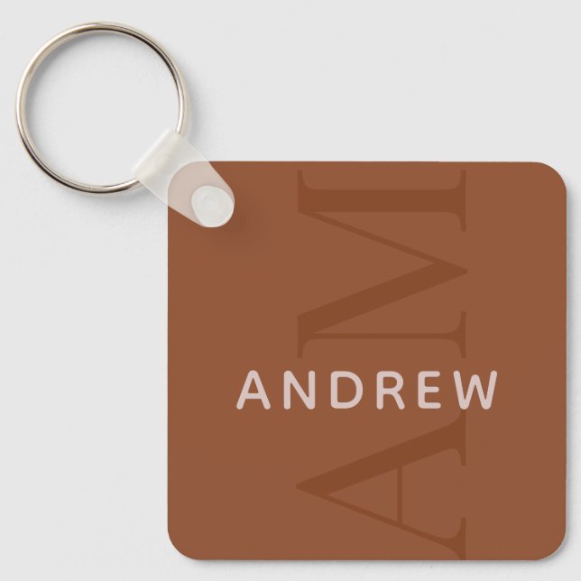 Modern Terracotta Brown Monogram with Name Key Ring (Front)
