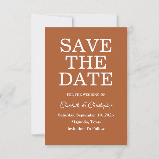 Modern Terracotta Brunt Orange Fall Wedding Save The Date (Front)