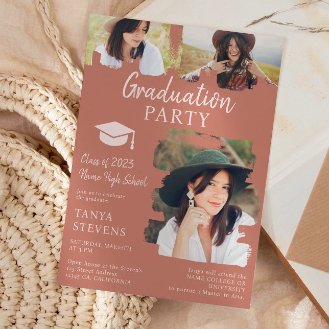 Modern terracotta Brushstroke 3 photos graduation Invitation (Creator Uploaded)