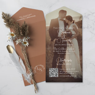 Modern Terracotta Burnt Orange Photo Wedding All In One Invitation