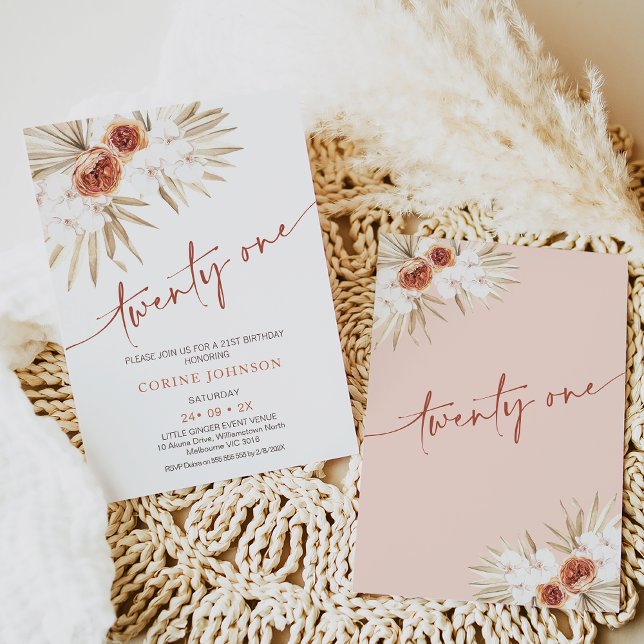 Modern Terracotta Calligraphy 21st Birthday Invita Invitation (Boho floral 21st birthday invitation featuring a burnt orange floral arrangement.)