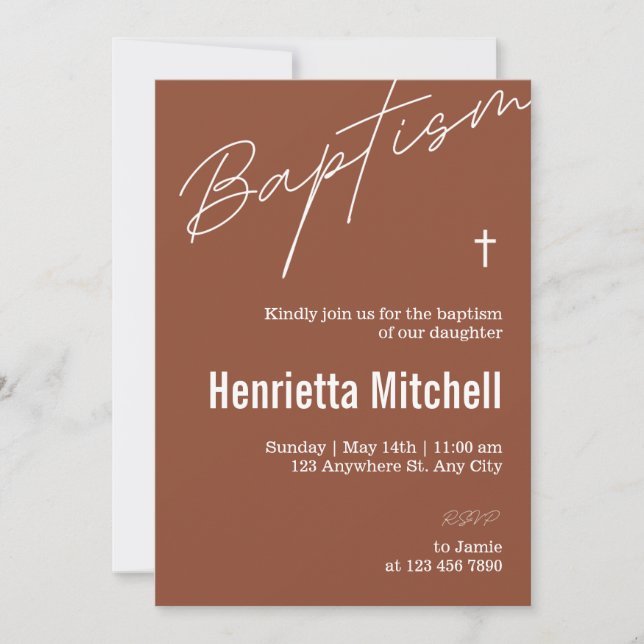  Modern Terracotta Calligraphy Baptism  Invitation (Front)