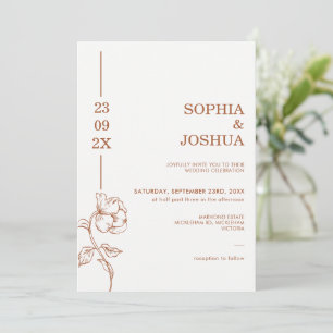 Modern Terracotta Date Line Art Floral Wedding Invitation