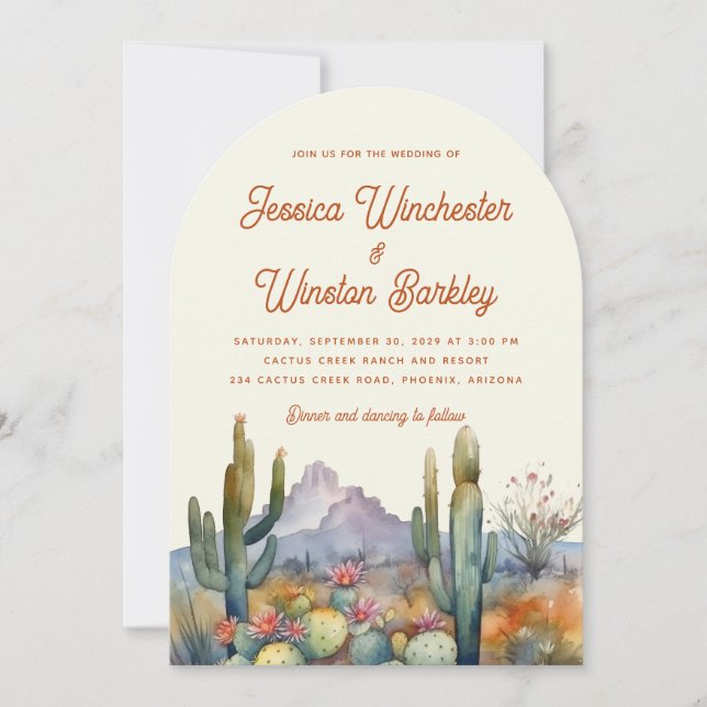 Modern Terracotta Desert Cactus Landscape Wedding  Invitation (Front)