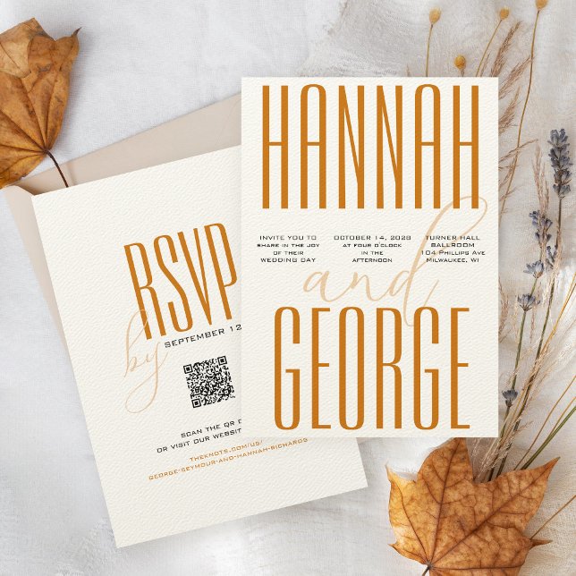 Modern Terracotta & Ecru Simple QR Fall Wedding Invitation (Unique ecru cream textured terracotta large modern typography burnt orange QR code fall wedding sets)