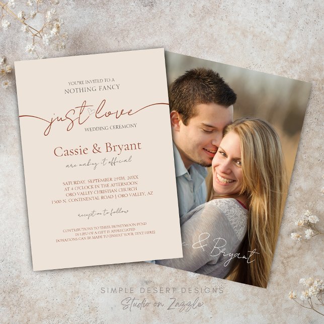 Modern Terracotta Elegant Script Photo Wedding Invitation (Rustic Terracotta Nothing Fancy Just Love Photo Wedding Invitation)