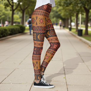Modern Terracotta Ethnic Tribal Ornamental Pattern Leggings