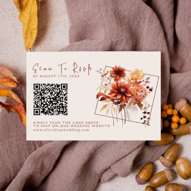 Modern Terracotta Floral Fall QR Code Wedding RSVP Card (Creator Uploaded)