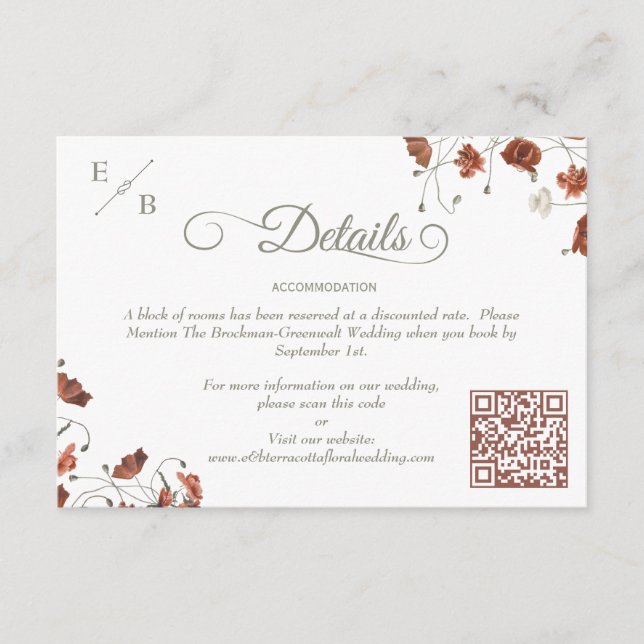 Modern Terracotta Floral Wedding Details Enclosure Card (Front)