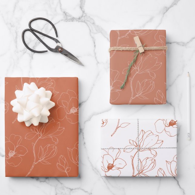 Modern Terracotta Floral Wedding Wrapping Paper Sheet (Front)