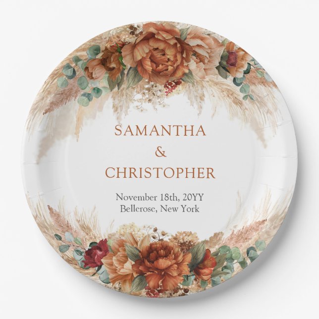 Modern Terracotta flowers burgundy pampas greenery Paper Plate (Front)