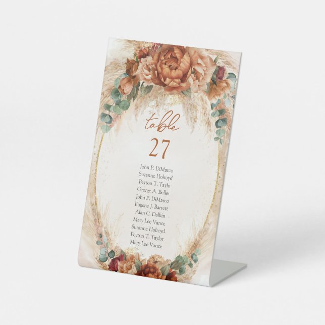 Modern Terracotta flowers burgundy pampas greenery Pedestal Sign (Front)