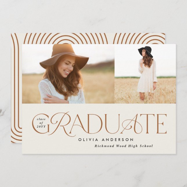 Modern terracotta geometric 2 photo graduation announcement (Front/Back)