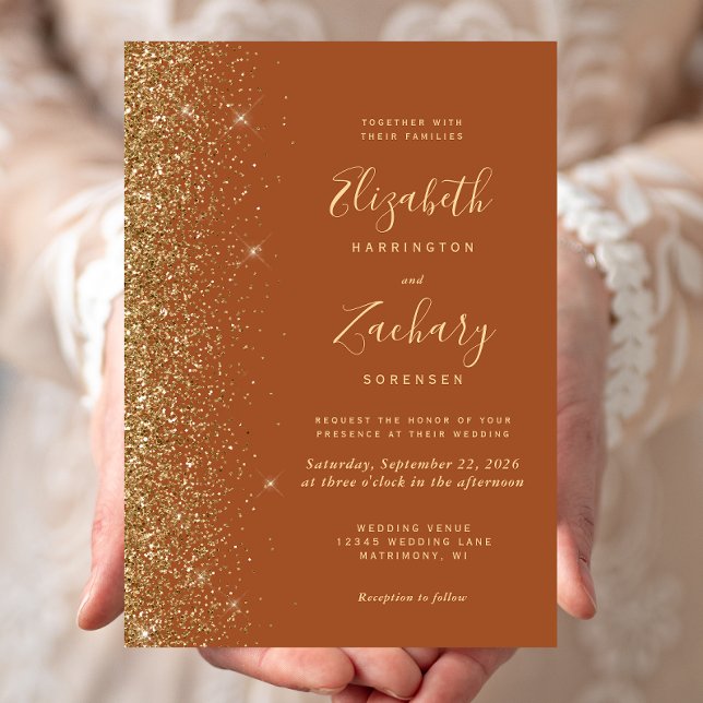 Modern Terracotta Gold Faux Glitter Edge Wedding Invitation (Creator Uploaded)