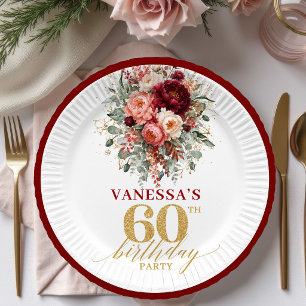 Modern Terracotta Gold Floral 60th Birthday Paper Plate