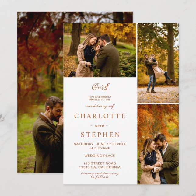 Modern terracotta initials 4 photos grid wedding invitation (Front/Back)